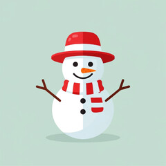 Cartoon snowman with a red hat and scarf, smiling on a light blue background.