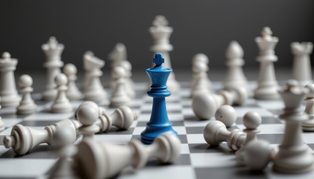 Blue King Chess Piece Surrounded by White Pieces on a Chessboard with Depth of Field Focus