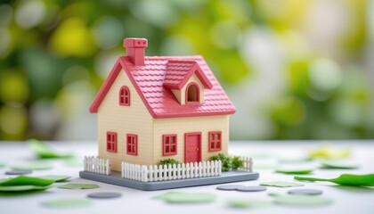 Cute miniature house model with vibrant red roof set against a blurred green background with colorful paper cutouts