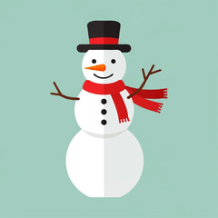 Cartoon snowman with a red scarf and a black hat, standing against a light blue background.