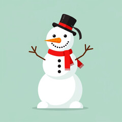 Cartoon snowman with a black hat and red scarf standing against a light blue background.