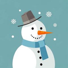 Cartoon snowman with hat and scarf surrounded by snowflakes on a blue background.