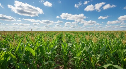 Rows of verdant corn stretch to horizon under expansive blue sky with puffy clouds