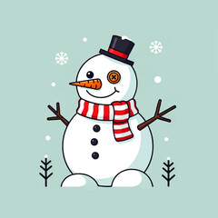 A cheerful snowman with a carrot nose and a festive scarf, surrounded by snowflakes.