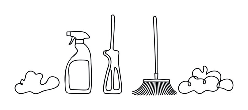 Simple line drawings of cleaning supplies including a spray bottle and brooms, ideal for housekeeping and tidiness themes.