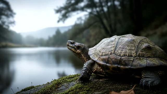 A serene view featuring a turtle on a mossy rock, backed by a calm lake and misty mountains,
