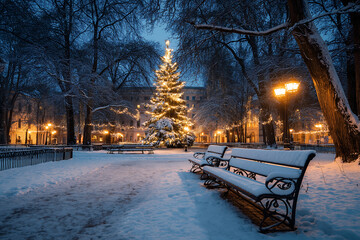 A snowy park at night with a christmas tree and benches covered in snowdrifts