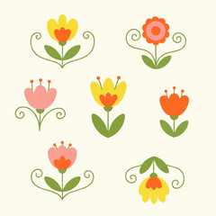 Colorful stylized floral illustrations arranged on a light cream background, showcasing various flower designs.