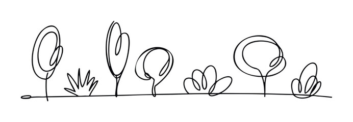 Simple black line drawing of various stylized trees and plants creates a whimsical landscape perfect for naturethemed promotions and organic product marketing applications