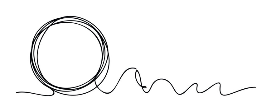 Hand drawn continuous line graphic of a tangled circle with a flowing wavy line extending to the right, perfect for abstract concepts and modern motion graphics