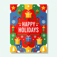 Colorful holiday greeting card with gifts, stars, snowflakes, and trees arranged in a festive, geometric pattern.
