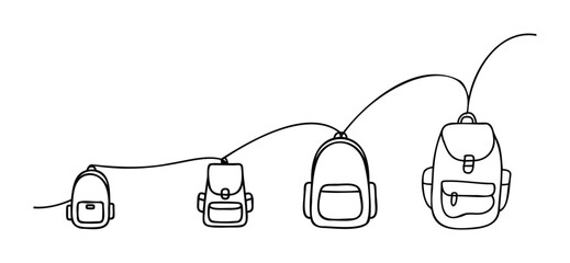 Four outlined backpacks of increasing size connected by a line suggesting growth or progression, suitable for educational or business concepts.
