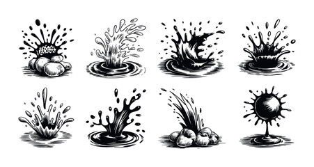 Collection of dynamic ink splashes and liquid splatters for impactful graphic applications, perfect for motion graphics and product promotions.