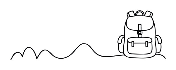 Minimalist line drawing of a backpack with a wavy line suggesting a path for travel or adventure concepts, perfect for journey themes and outdoor activities.