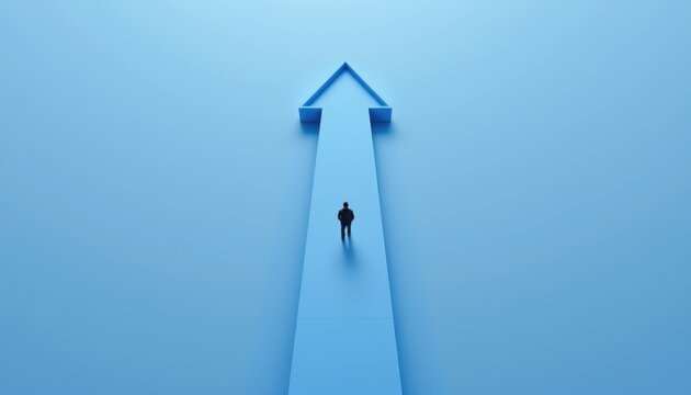 Abstract representation of progress with a solitary figure standing beneath a large upward arrow symbolizing aspiration and growth
