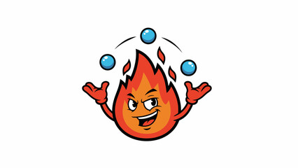Juggling fire character balances water drops in playful cartoon