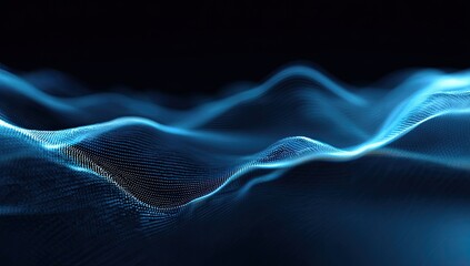 Abstract digital waves, glowing blue particles forming a wavy surface on black