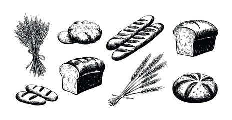 Collection of handdrawn baked goods and wheat ears, perfect for foodrelated themes, menus, or culinary publications.