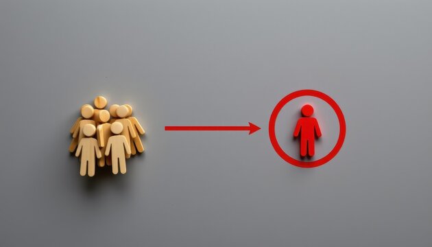 Group of wooden figures with one red figure highlighted representing individuality and uniqueness in a community setting - Powered by Adobe