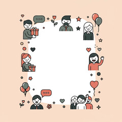 Illustration depicting a diverse group of people arranged around a central space, some holding gifts and balloons.