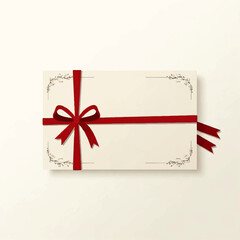 A gift card wrapped with a red ribbon and bow, adorned with decorative floral elements.