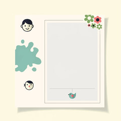 Illustrated square template with a blank space, decorated with a boy, bird, flowers, and a splash of color.