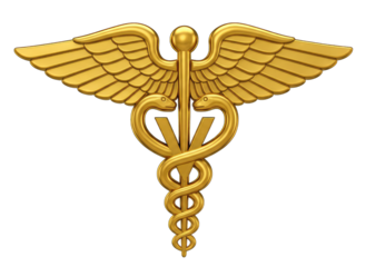 Golden Caduceus Medical Symbol with Wings and Snakes on a Black Background Representing Healthcare and Medicine