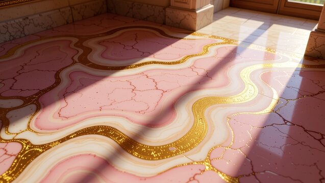 Pink gold marbled floor with sunlight shadows - Powered by Adobe