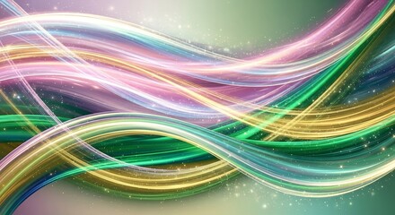 Dynamic abstract background with bright, glowing, and flowing wavy lines in vibrant colors like pink, green, and gold, enhanced by sparkling particles.