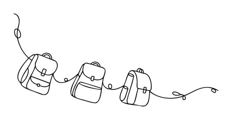 Three stylized backpacks connected by a whimsical wavy line, suggesting movement and journey, perfect for educational or travel related projects