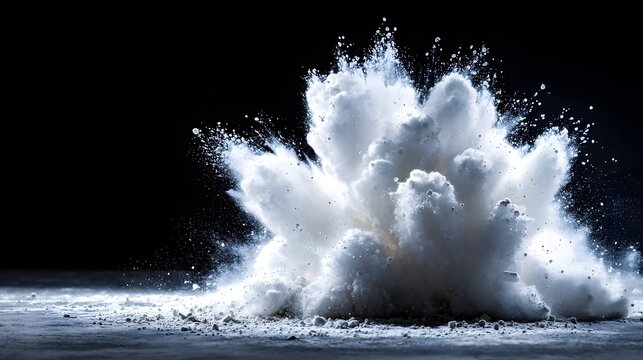Dynamic white powder explosion on a dark background creating a dramatic visual effect.