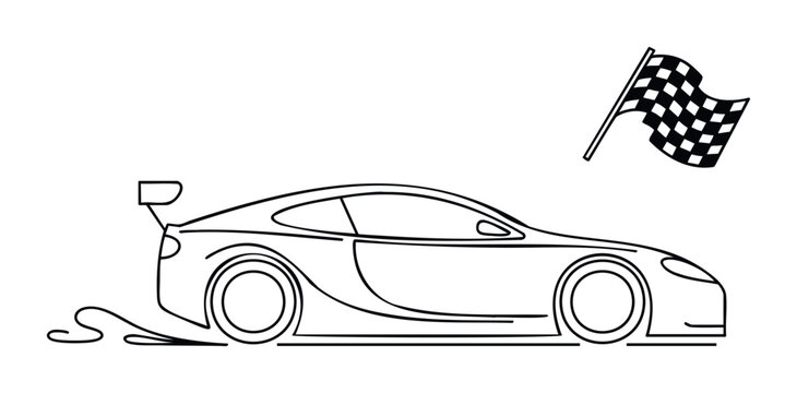 Sportscar speeding towards checkered flag with motion blur suggesting victory and a triumphant finish in a racing competition for automotive enthusiasts