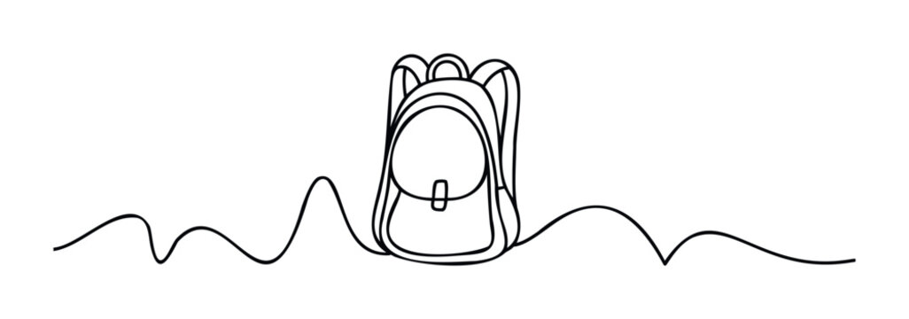 A simple line drawing of a backpack on wavy ground, perfect for school or travel concepts and as a graphic element for educational materials.