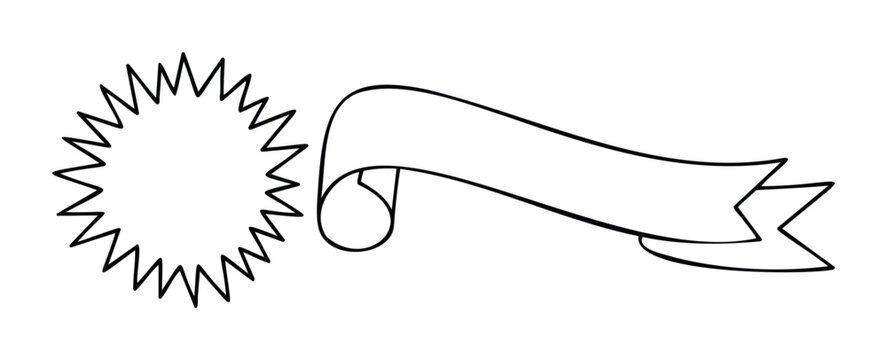 Burst shape and ribbon graphic for marketing announcements or award badges, versatile for promotions and celebrations, simple outline for customization and adding text.