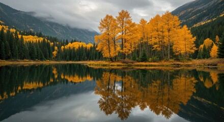Golden autumn trees reflected in a calm lake, with misty mountains behind
