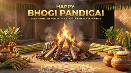 Happy bhogi pandigai festival celebration with bonfire and sugarcane
