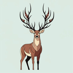 Stylized illustration of a brown deer with large antlers, standing against a light blue background.