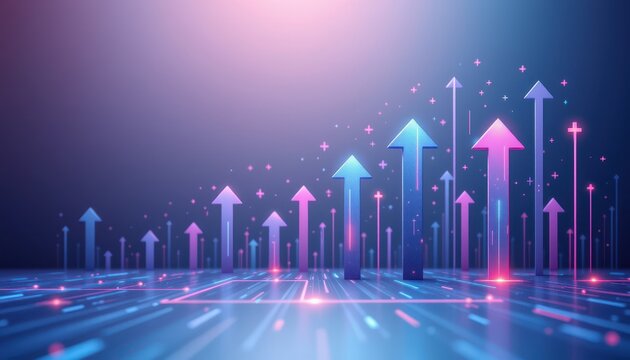 Abstract illustration of colorful arrows rising against a futuristic background with bright lights and digital effects