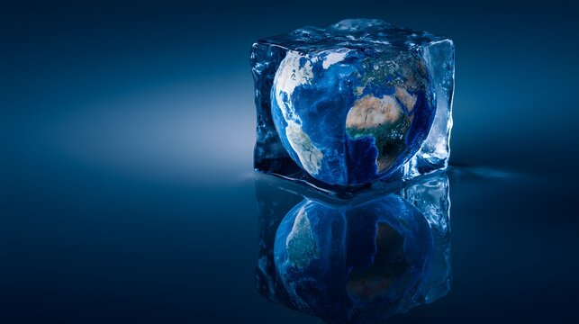 Earth Globe Frozen in Ice Cube on Reflective Surface.