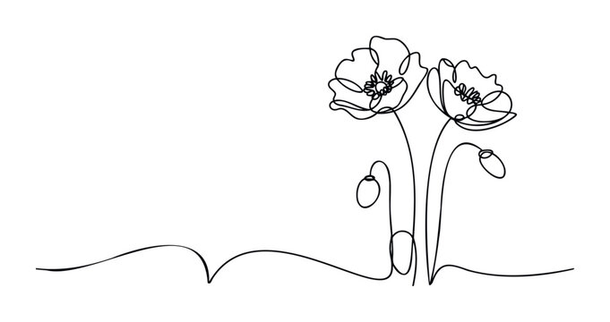 Elegant single line drawing of delicate poppies and buds on a flowing ground line suggesting nature and growth for organic themes and springtime celebrations
