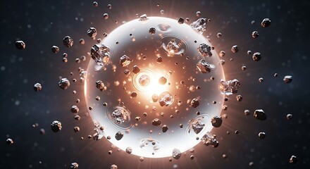 Explosion of asteroids and debris around a bright, glowing sphere in space