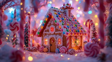 Fototapeta premium Magical Gingerbread Candy House Wonderland Background
