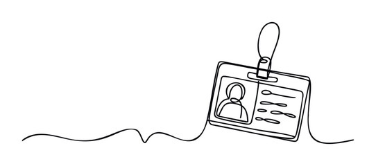 Single line drawing of an ID badge with lanyard and placeholder for photo and personal information, useful for identity and access concepts