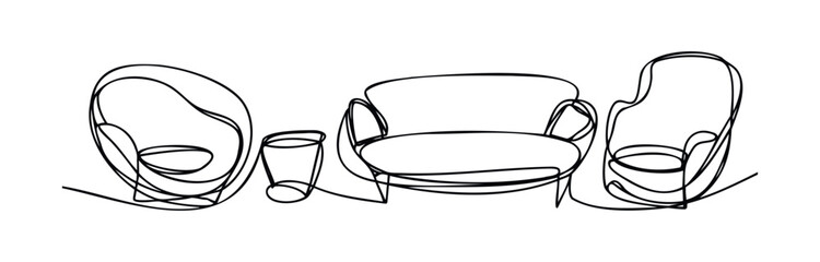 Continuous line drawing of minimalist furniture, including armchairs and a small table, perfect for interior decor concepts and modern living space themes.
