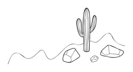 Minimalist line drawing of a saguaro cactus with desert landscape and rocks, ideal for graphic use and visual storytelling in nature themes