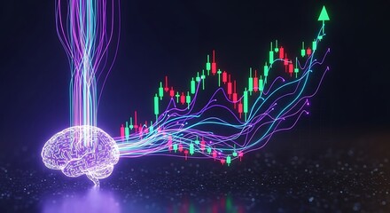 Artificial intelligence and stock market growth, abstract concept of ai driving financial success with glowing brain and upward trend
