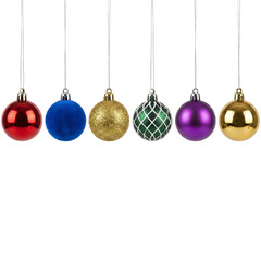 Set of Six Colorful Hanging Christmas Baubles Isolated on White