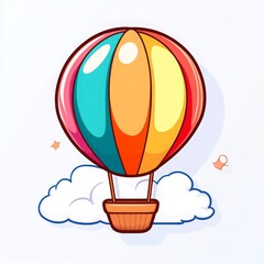 Colorful striped hot air balloon with basket floating above cartoon white clouds