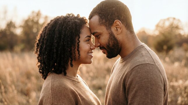 Portrait of a happy couple touching foreheads in a field during sunset. A romantic moment full of love and warmth, perfect for relationship, dating, or lifestyle concepts.