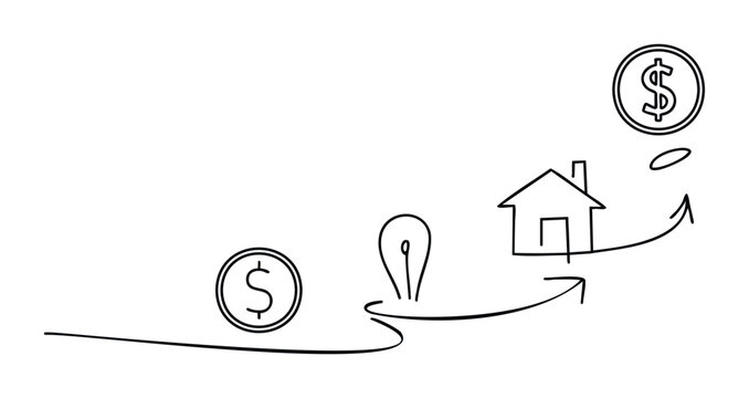 Simple line drawing shows a financial journey from money to a house, representing investment and home ownership, perfect for real estate or finance related content.